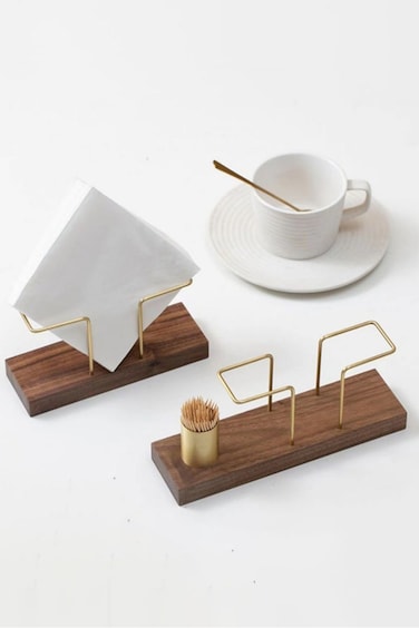 Napkin Holder Stand, Solid Walnut Wood, Metal Tissue Holder for Dining Table, Kitchen, Coffee Table, Bakery, Cafes