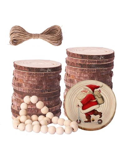 Prsildan Natural Wood Slices with Holes 2.4 2.8 Inches 30 Pcs DIY Wooden Craft Bead 30Pcs Wooden Ornaments Unfinished for Christmas Crafts