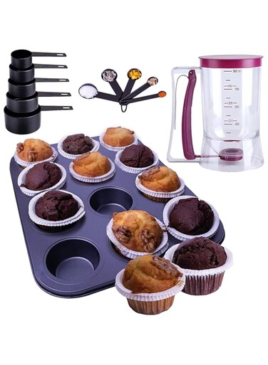 iumano Set of 4 Kitchen Baking Tools Set - 12 Cavity Non-Stick Muffin Tray, Batter Dispenser, Measuring Cups and Spoons Set - Kitchen Utensils Kit for Measuring Baking and Dispensing