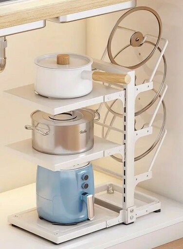 HOME GOODS 1pcs3-Layer Double-Row Pot Rack/Kitchen Storage Rack, Durable Carbon Steel Material-Anti-Rust And Easy To Clean, Vertical Pot Storage Rack With Drain Tray, Integrated Countertop And Under The Sink-Ideal Cabinet Storage Solution, Adjustable Kitchen Countertop Storage Rack, Elegant White