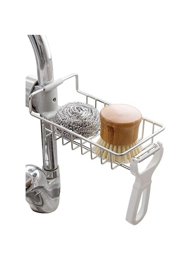 DELFINO Stainless Steel Kitchen Sponge Holder Sink Caddy Organizer Sponge Soap Brush Dishwashing Liquid Drainer Kitchen Faucet Storage Rack for Kitchen Dish Washing Bottle Brush Storage