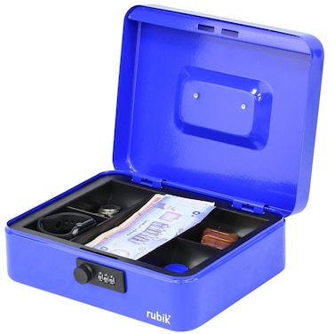 Rubik Large Cash Box with Tray and Combination Lock Portable Durable Register Money Box Safe for Bills Jewelry Receipts Coins (25x20x9cm) Blue
