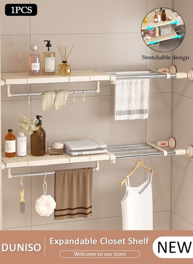 Closet Tension Shelf &amp; Rod, Bathroom Kitchen Garage Telescopic Storage Rack, Expandable Adjustable Separator Wardrobe Cupboard Space Saving Divider