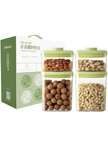Kitty Pop Up Lid Food Storage Containers: One Touch Baby Milk Powder Dispenser, Clear Storage Airtight for Pantry Kitchen, Pop Containers for Organizing (Green 4pcs set 520ml*2+1250ml*2)