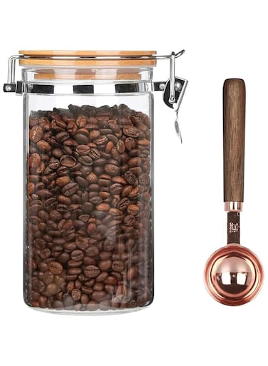 Exrp Borosilicate Glass Coffee Bean Storage Container with Airtight Lid,Glass Sealed Jar with Locking Clamp Lid for Coffee Beans,Nuts,Coffee Storage Canister with Spoon for 450g Bean,1150ml