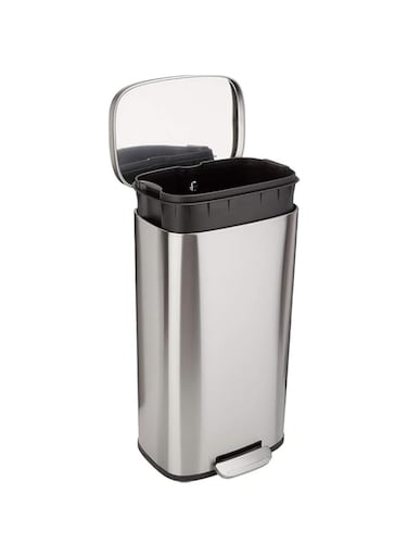 Amazon Basics Rectangular Kitchen Bin With Steel Bar Pedal, Soft-Closing Mechanism For Home and Office Use, 30 Litre/7.9 Gallon, Satin Nickel Finish