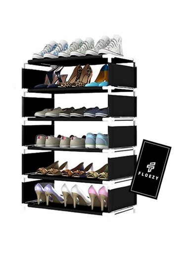 FLOEZY 6-Layer Shoe Rack Organizer, Standing Shoe Racks, Metal Stackable Shoe Shelf Storage, Space-Saving Expandable &amp; Adjustable Shoe Tower for Home, Room, Hallway, Closet &amp; More (Black)