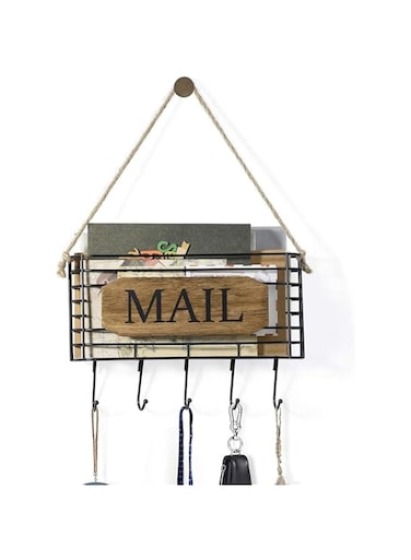 THE WHITE SHOP Mail Organizer, Rustic Mail Holder, Key Holder for Wall with Hooks, Mail Organizer Wall Mount, Key Holder for Wall with Hooks, Carbonized Black