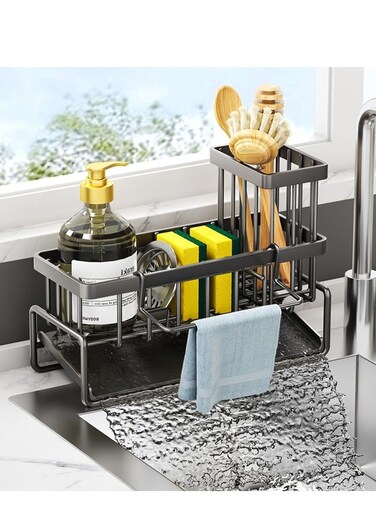 Stainless Steel Kitchen Sink Sponge Rack Brush Storage Rack with 45-Degree Sloped Drain Board Detachable Retractable kitchen Countertop Small Items Storage