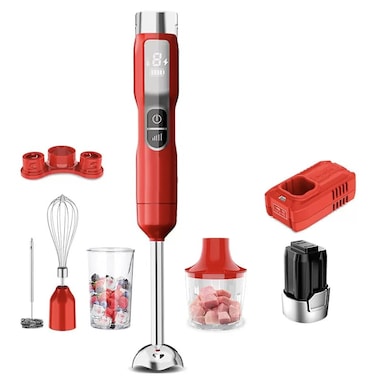 Rechargeable Cordless Hand Blender &ndash; 5 in 1 Set with 5 Speed Control, LED Display, 2000mAh Battery, 2 Stainless Steel Blades &ndash; Juicer, Grinder, Chopper, Blender &amp; Whisk Attachments