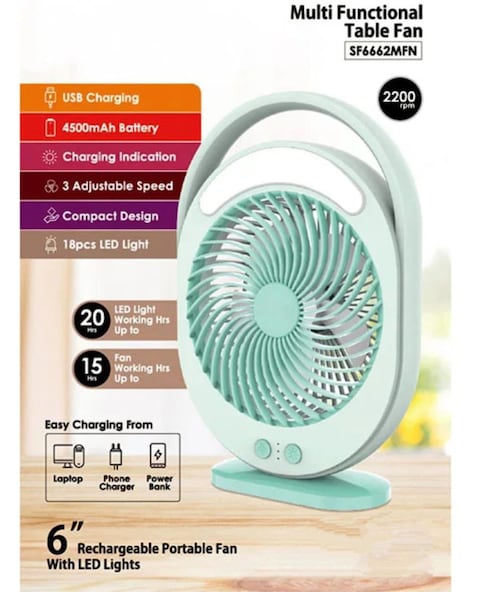Silvonix Multifunction Rechargeable Table Fan 6-Inch with LED Light   USB Charging   3-Speed Control   Up to 20 Hours Working   Portable Mini Fan for Travel, Car, Office

