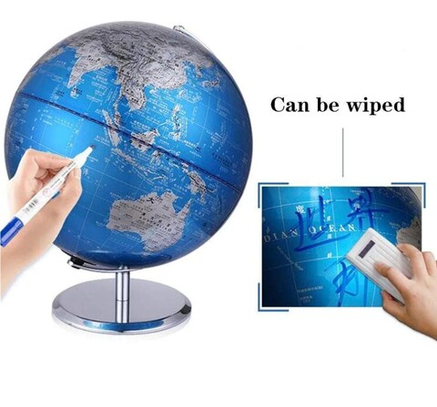 synthetic Metallic World Globe – Blue & Silver Vintage-Style Globe with Polished Brass Base – Decorative Tabletop Globe for Home, Office, or School – Educational & Stylish World Map Decor