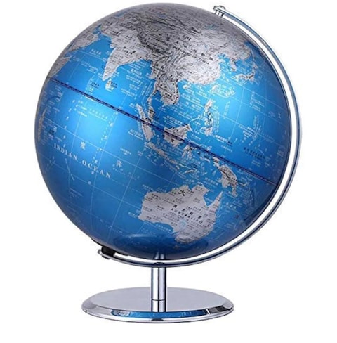 synthetic Metallic World Globe – Blue & Silver Vintage-Style Globe with Polished Brass Base – Decorative Tabletop Globe for Home, Office, or School – Educational & Stylish World Map Decor