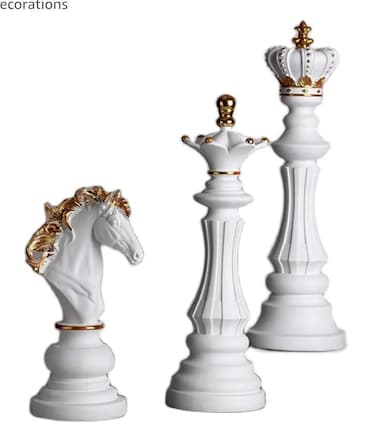 Chess Statues Set of 3 &ndash; King Queen Knight Resin Sculptures &ndash; Elegant Modern Decorative Chess Pieces for Home, Office, Living Room, Desk, Bookshelf Decor