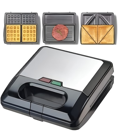 3 in 1 Sandwich Maker Waffle Grill Toaster   Non-Stick Breakfast Snack Maker   Interchangeable Plates for Sandwiches, Waffles &amp; Grilled Foods   Compact Electric Kitchen Appliance