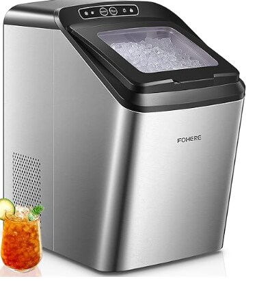 Fohere Nugget Ice Maker Countertop, Makes 33lbs Crunchy ice in 24H, 5.3lbs Basket at a time, Self-Cleaning Pebble Ice Machine with Scoop and Basket