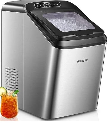 Fohere Nugget Ice Maker Countertop, Makes 33lbs Crunchy ice in 24H, 5.3lbs Basket at a time, Self-Cleaning Pebble Ice Machine with Scoop and Basket