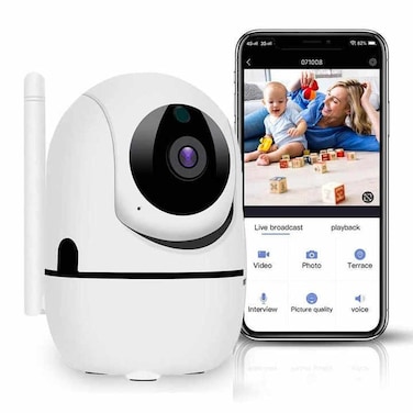 Indoor WiFi Home Security Camera 1080P Baby Monitor with Cloud Storage, Night Vision 2 Way Audio Motion Sound Detection Automatic tracking White