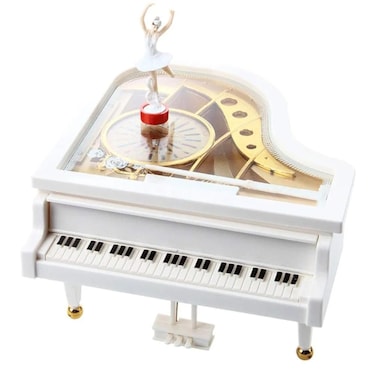 Elegant White Piano Music Box with Golden Accents &ndash; Classical Vintage Design   Wind-Up Musical Jewelry Box   Decorative Piano Miniature for Home Decor, Gift