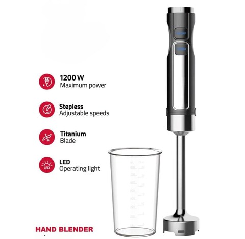 Homotronics Hand Blender 1200W Heavy Duty Adjustable Speed, Titanium Blade, LED Light, 800ml Measuring Cup – Powerful Stick Blender for Smoothies, Soups