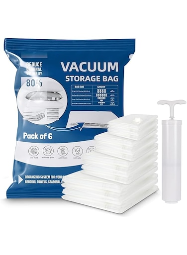 ROSHEENA 6 Pack Vacuum Storage Bags,Space Saver Bags-Compression Storage Bags for Comforters and Blankets,Vacuum Sealer Bags for Clothes Storage, Hand Pump Included