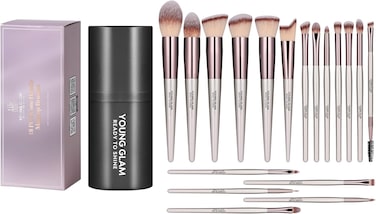 Young Glam Essentials Makeup Brush Set 18 Pcs with Blending Eyeshadow Brushes, Powder Brushes, Angled Brushes with Black Travel Case