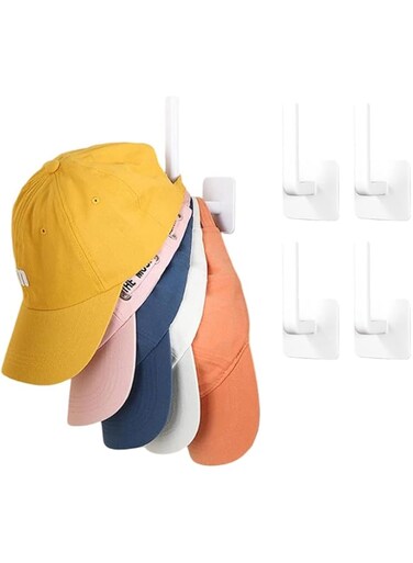 Joyzzz Hat Rack, 4 Pack Adhesive Wall Hooks with PP Material, Hat Hooks for Wall with Does Not Damage the Wall, Hat Organizer for Baseball Caps, Adhesive Wall Hooks Suitable for Door, Closet, Etc