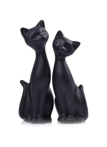 Black Cat Statue 2Pcs Mini Cat Figurines Home Decor Matt Ceramic Small Cat Figurine, Animal Sculpture Couple Cat Statues Suitable for Living Room Office Bookshelf Wedding Decor Give Cat Lover Gift