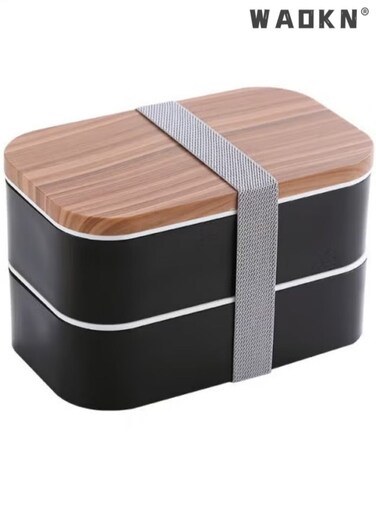 Wood Grain Double Layer Plastic Lunch Box Microwave Heating Adult Food Storage Box,Bento Box, 2 Layer Lunch Box with Reusable Spoon and Fork, Leakproof Lunch Container, Food Container for Adults Kids Toddler, Microwave/Dishwasher/Freezer Safe, BPA Free