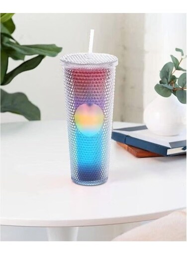 Water Cup With Straw And Lid,24oz Gradient Color Studded Coffe Mug For Travel,Office,Home