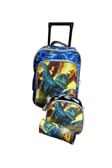 3 Pieces Cartoon-Printed School Trolley Bag for Kids (16 &amp; 18 Inch) with Lunch Bag and Pencil Pouch Included (Sky Blue Gold Dinosaur, 16 Inch)