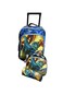 3 Pieces Cartoon-Printed School Trolley Bag for Kids (16 &amp; 18 Inch) with Lunch Bag and Pencil Pouch Included (Sky Blue Gold Dinosaur, 16 Inch)
