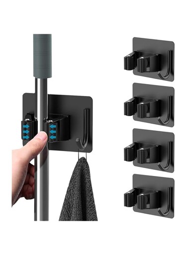 ideagala 5 Mop Broom Holder Self Adhesive Stainless Steel No Drill,Tools Holder Organizer Wall Mounted Super Anti-Slip Hanger for Home,Kitchen,Garden,Garage,Laundry,Toilet Wall Hooks Storage (Black)