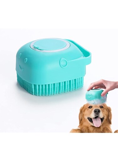 Doter Dog Bath Brush, Soft Silicone Rubber Dog Grooming Brush Pet Massage Brush Shampoo Dispenserfor Short Long Haired Dogs and Cats Washing Shower(blue)