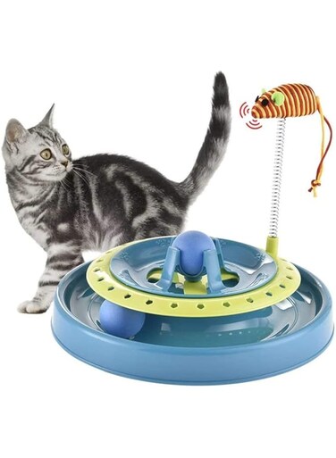 Nyganmelloz Cat Toys, Cat Interactive Turbo Track Ball Toys Catch The Mouse Exercise Scratcher Roller Turntable Kitten Sway Toy Mental Physical Exercise Amusement Pet Supplies blue