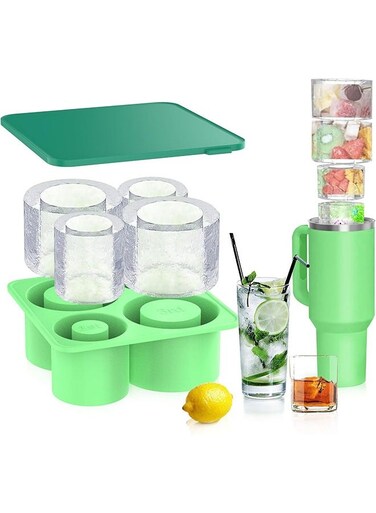 Ice Cube Tray, Silicone ice Cube Set with lid Makes 4 Hollow Cylinder Ice Cube Molds, Ice Making Silicone Mold, for Freezer, Ice Drink, Juice, Whiskey, Cocktail, Summer Gifts