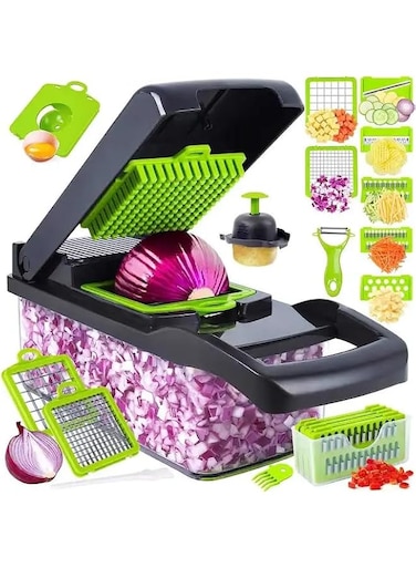 AWH Vegetable Chopper, 14-in-1 Multifunctional Food Chopper, Stainless Steel Blades, Black, Kitchen Vegetable Slicer Dicer Cutter