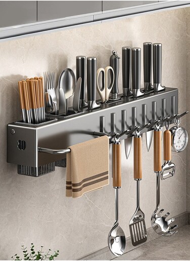 Multifunctional Kitchen Knife Rack, Wall Mounted Knife Organizer, Stainless Steel Knife Rack, Heavy Duty Wall Mounted Spoon Organizer, Kitchen Knife Organizer ,Includes 8 Hooks, 50 X 5.8 X 7cm