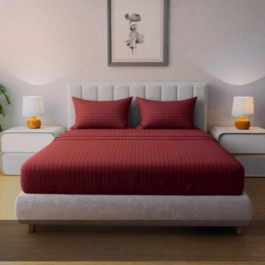MUSA Striped 3 Piece Fitted Sheet Set California King Size - Burgundy