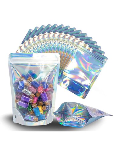 ELECDON 100 Pcs Holographic Reusable Bags, 4x6 Inch, Laminated Plastic &amp; Aluminum, Zipper Closure, Holographic Color, Multicolor, 15cm x 10cm (5.9in x 3.94in), Perfect for Food &amp; Cosmetic Storage
