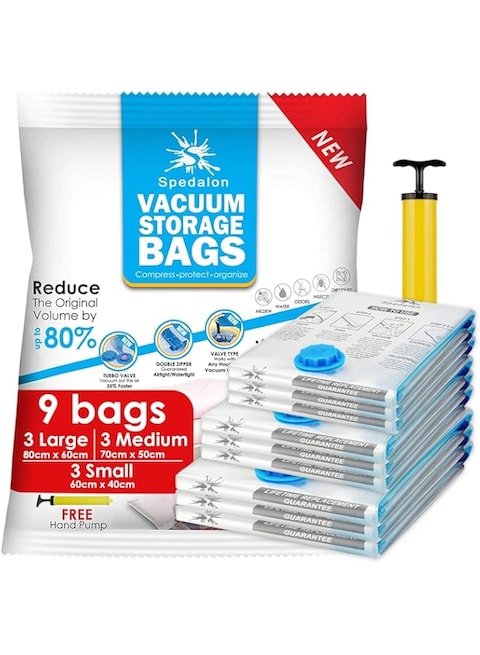 Spedalon Vacuum Space Saver Bags - 9 Pack (3 Large, 3 Medium, 3 Small) Packing Bags for Moving   Sealer Vacuum Storage Bags for Clothes, Blanket, Comforter, Bedding, Pillow, Mattress with Hand Pump