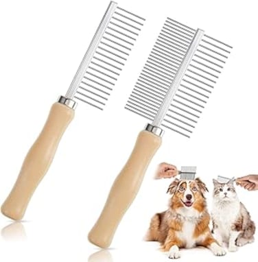 Khazna Dog Cat Comb Grooming Comb, 2 Pcs Cat Wooden Handle Grooming Comb Stainless Steel Cat Comb Metal Comb for Dogs Pet Dog Grooming Brush Pet Hair Brush
