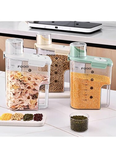 3pcs Kitchen Storage Containers, 2.8KG/2.8L Pantry Organizer for Cereal, Lentils, Pasta &amp; Sugar, Premium Quality Plastic Dispenser, Airtight, Moisture-Proof with Sealed Lid, Measuring Cup &amp; Pour Spout
