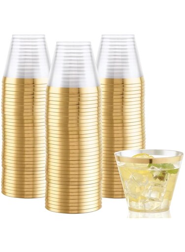 50PCS Gold Plastic Cups, 9Oz Gold Rimmed Plastic Cups, Clear Plastic Cups with Gold Trim, Elegant Disposable Drink Cups for Party, Wedding, Reception
