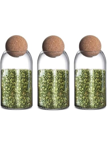 ATK_3 Pcs Cork Glass Jar-Spell jar-Glass Bottle-Cork Ball Jar-Storage jar-round spice jars glass-Jar Coffee Bean-Jar Ball Cork Round Glass Bottles with Cork Glass Canisters. (800 ML)