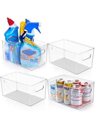 CENXI 4PCS Refrigerator Organizer Bins with Handles, Clear Plastic Storage Bins, Pantry Organizer Bins for Food, BPA-Free Fridge Organizer for Fridge, Freezer, Kitchen, Cabinet, Pantry, 25CM Long