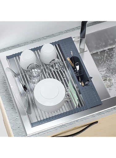 Angju Roll Up Dish Drying Rack Over The Sink 44cm x 38.5cm, SUS304 Multi-Purpose Rack Rollable Stainless Steel Dish Drainer with Utensil Holder for Kitchen Sink