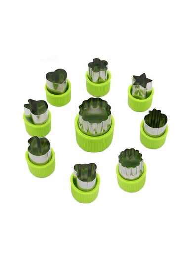 seven Fun and Versatile 9-Piece Vegetable Cutter Shapes Set for Kids Baking and Food Crafting, Includes Mini Pie, Fruit, and Cookie Stamps Mold in Green - Kitchen Accessories for Creative