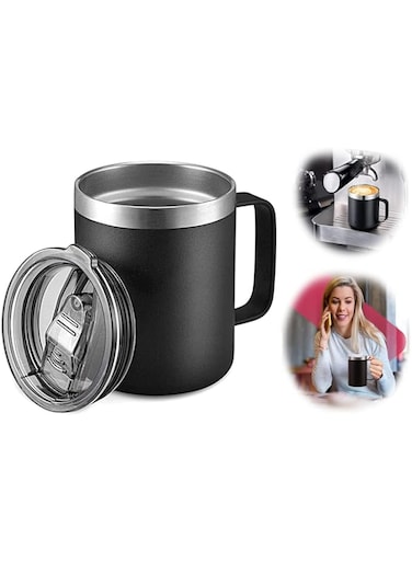 Khazna Stainless Steel Insulated Coffee Mug 12oz with Handle, Double Wall Vacuum Travel Mug, Cup with Sliding Lid, for Hot and Cold Drinks Tea (Black)