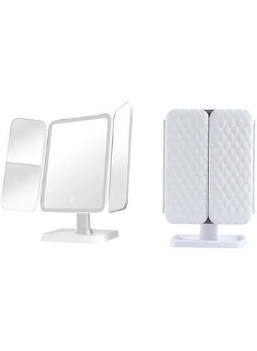 PIWINE Illuminated Makeup Mirror, Three Fold Illuminated Makeup Mirror, 3x/2x/1x Magnification, Led Touch Screen And Usb Charging, 180 Degree Free Rotation Tabletop Makeup Mirror, Travel Makeup Mirror